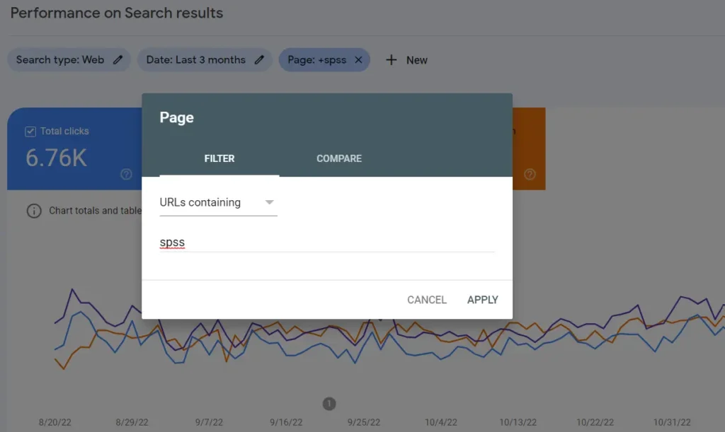 filtering pages and queries using URL containing page filter in Google search console.