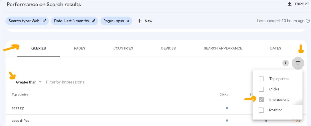 filtering queries by impressions and sorting by position in search console