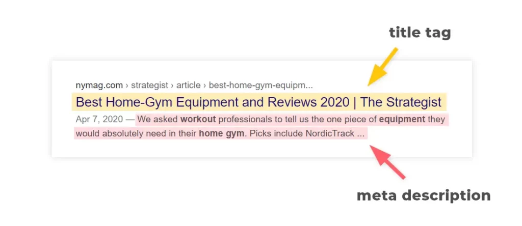 title tag and meta description visualization on search results.