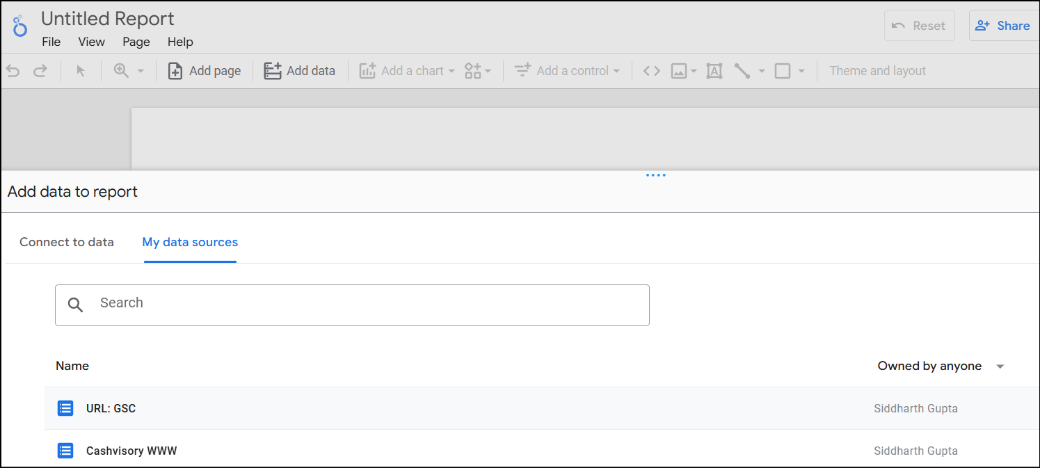 Create blank report and add GA4 and GSC data source