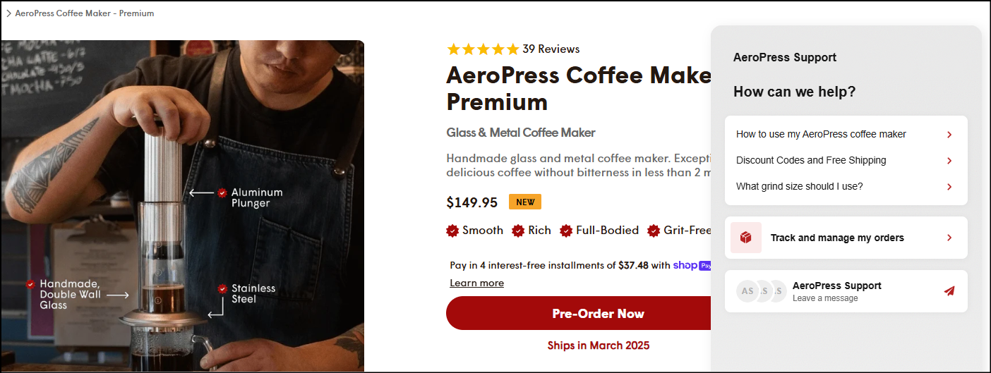 aeropress custom support widget website