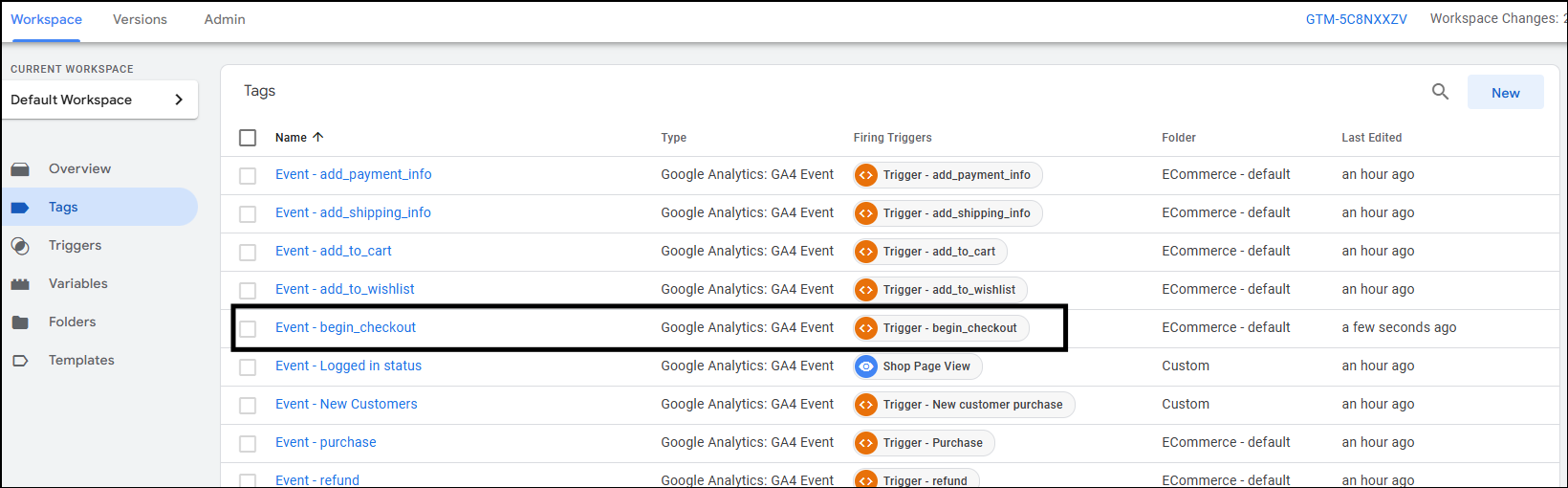 begin checkout tag list gtm