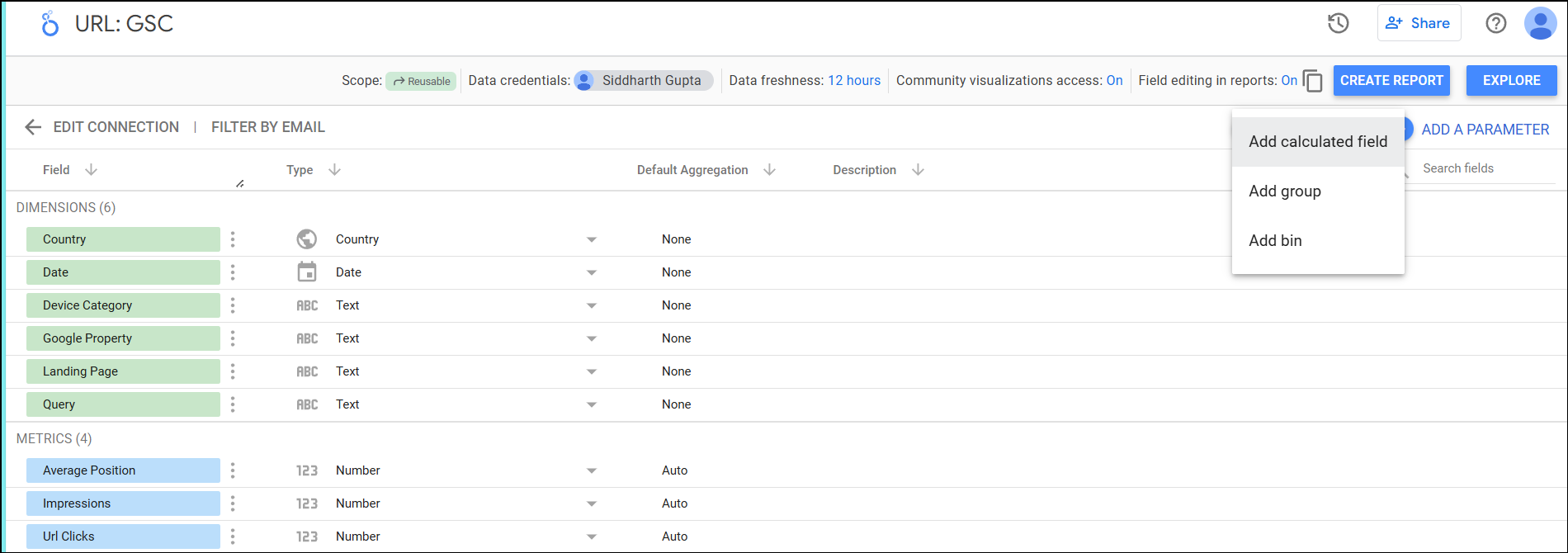 Add calculated field in GSC looker studio table