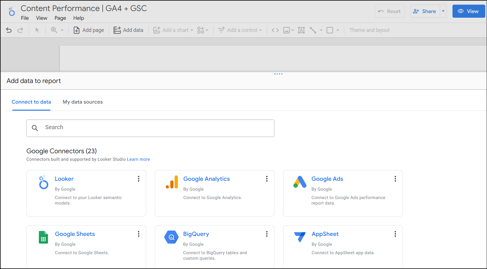 Connect your GA4 and GSC data using data connectors in Looker studio