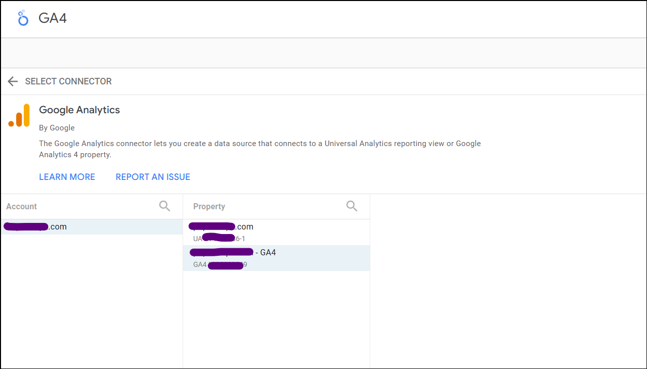 Select GA4 property from Google Analytics connector