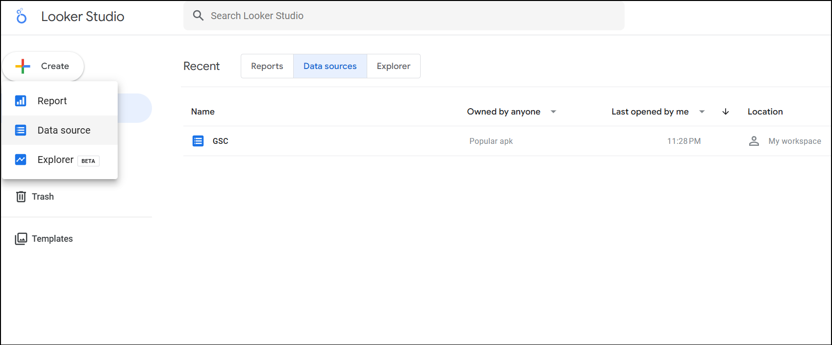 Add data source from create button in Looker studio