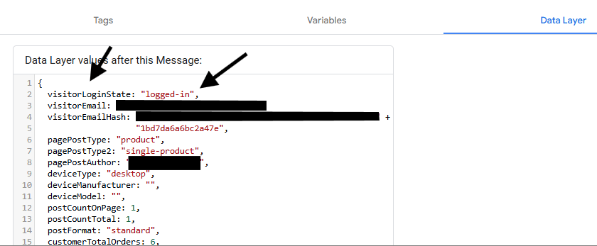 data layer variable name value