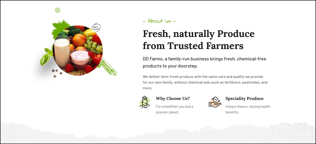 DD Farms Website has a about us fold