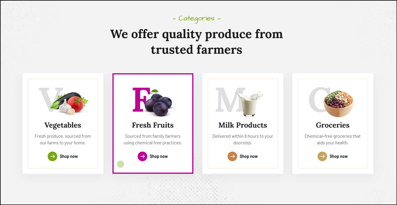 Extended product categories in a fold on the homepage of the website of DD Farms