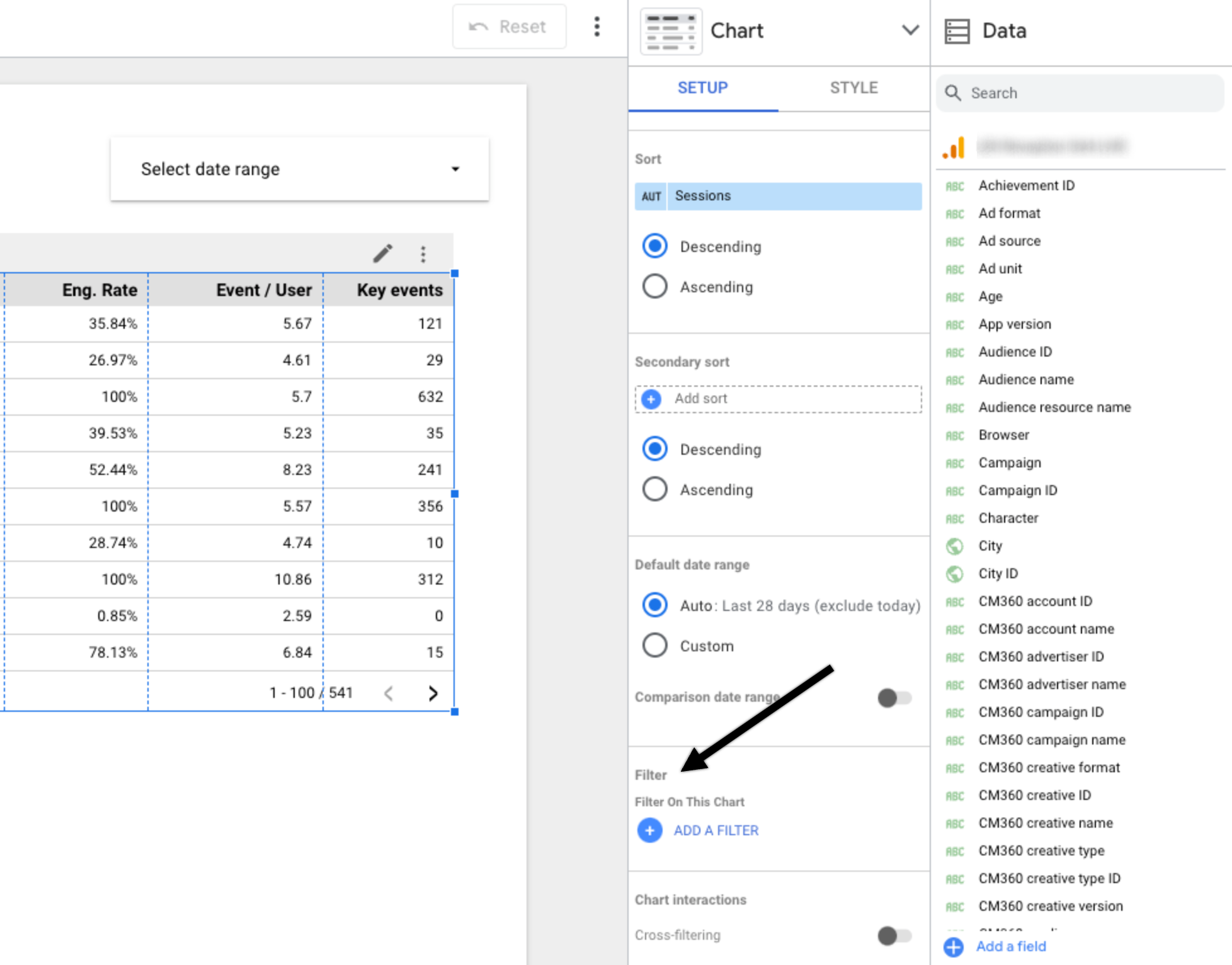 Filter option as visible under the setup tab in chart options in Looker studio