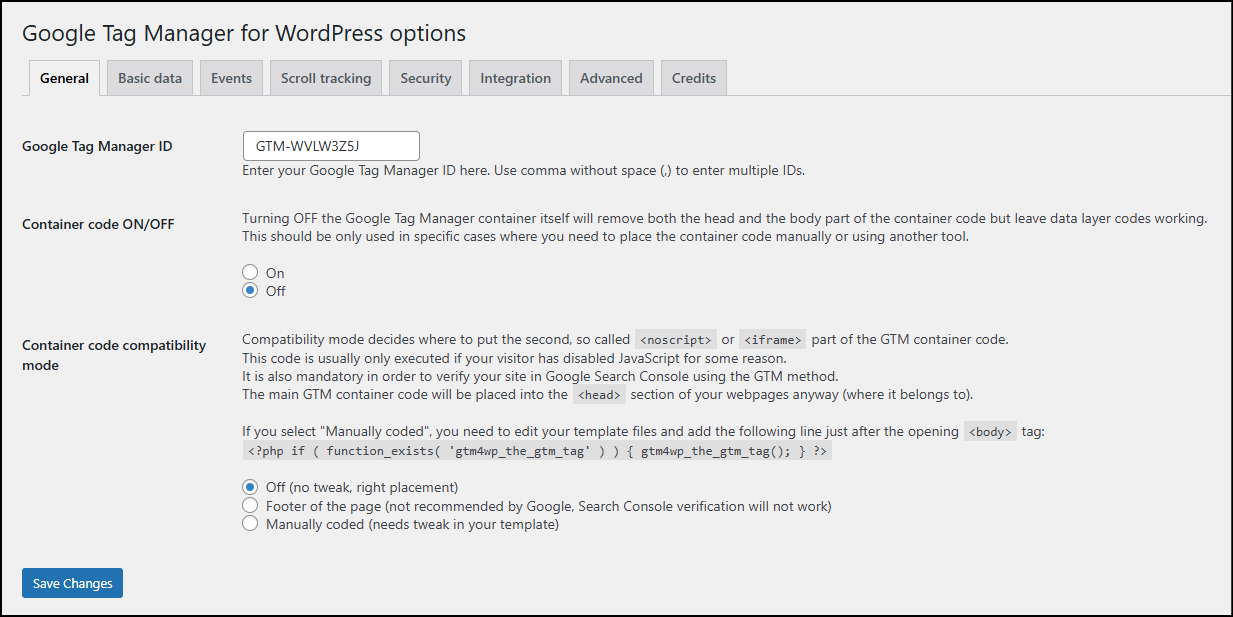 gtm4wp settings tab general