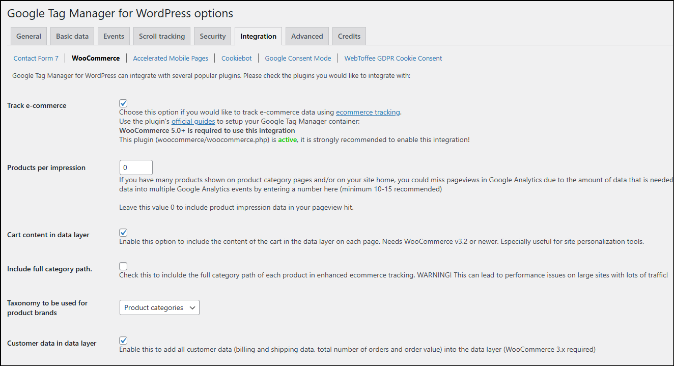 gtm4wp settings tab integration woocommerce 1
