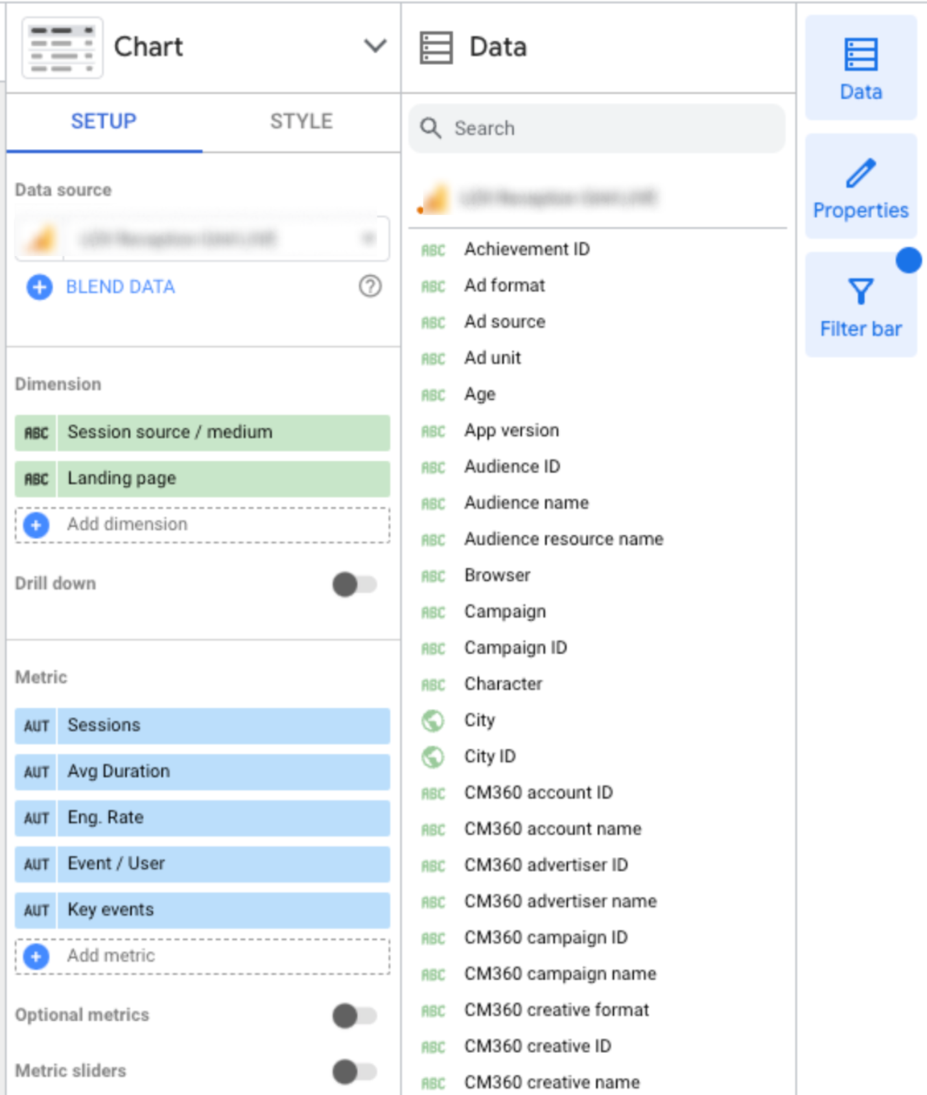 dimensions and metrics for creating looker studio report to show organic data.