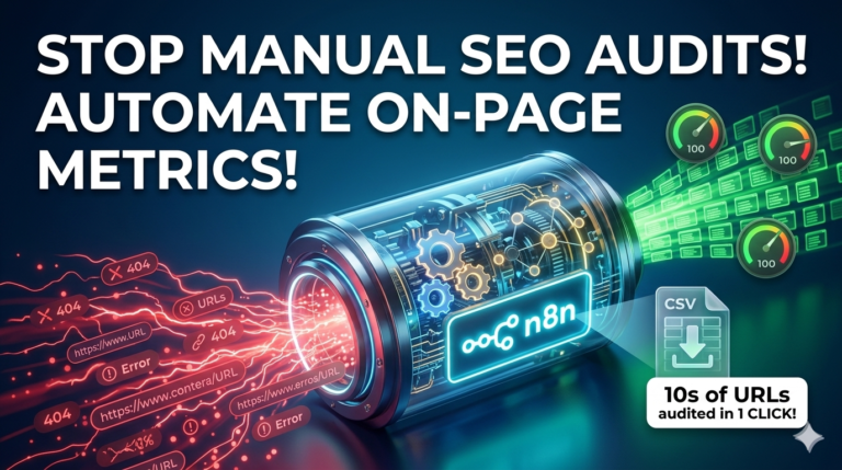 YouTube thumbnail for a technical SEO automation tutorial with a dark blue and cyan background. The image features a central 3D data processing machine. On the left, red data streams with text reading "URLs" and "Error" enter the machine. On the right, green data streams with optimization gauges and a CSV download file icon exit the machine. Large white text at the top reads "STOP MANUAL SEO AUDITS! AUTOMATE ON-PAGE METRICS! (powered by n8n)". A white badge in the bottom right corner states "10s of URLs audited in 1 CLICK!".