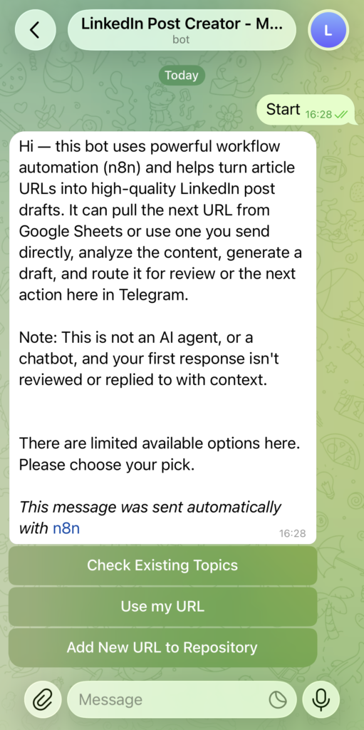 n8n linkedin telegram start message : Publish LinkedIn Posts from Telegram Using n8n and AI Agents