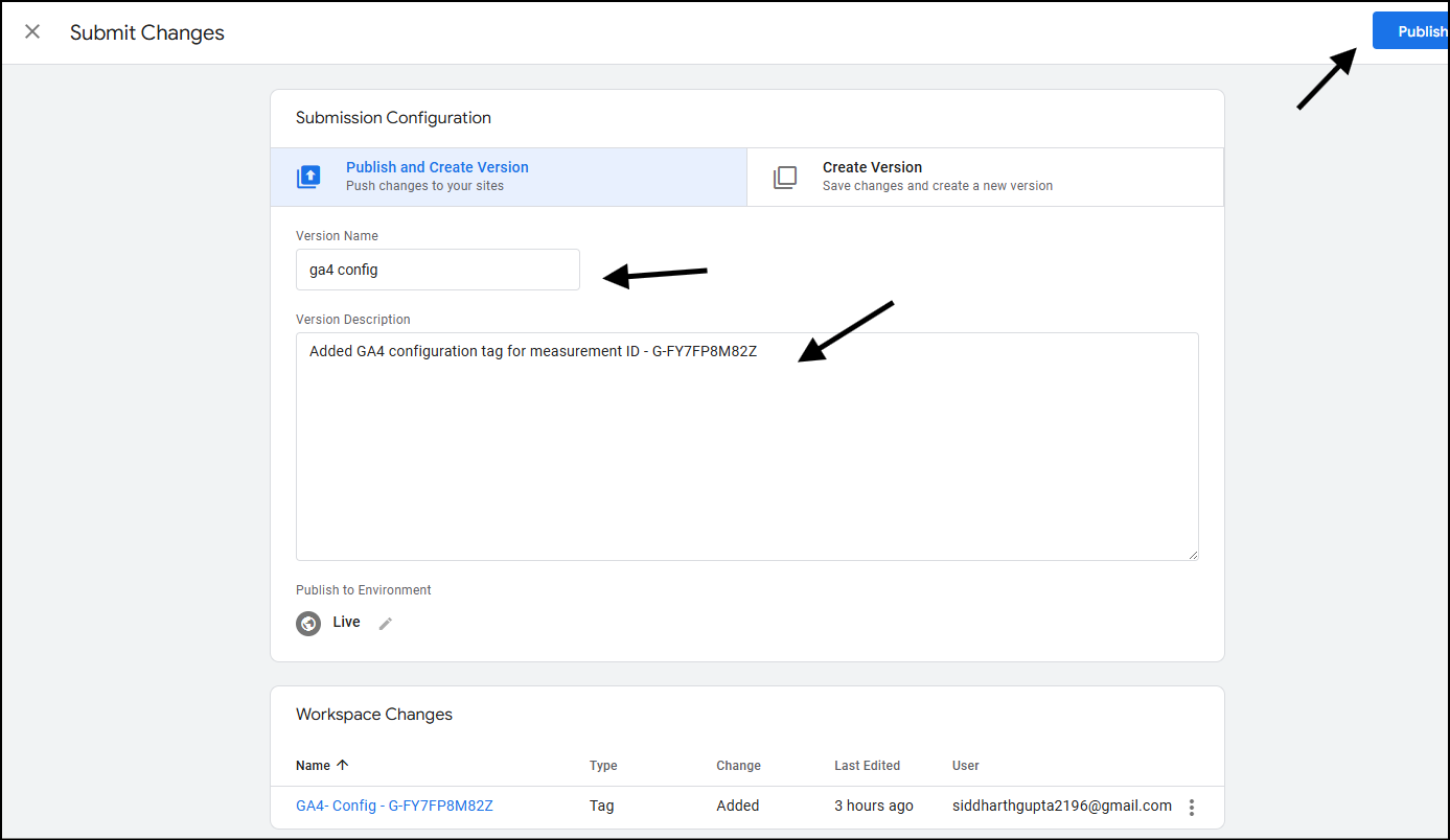 submit gtm changes ga4 config